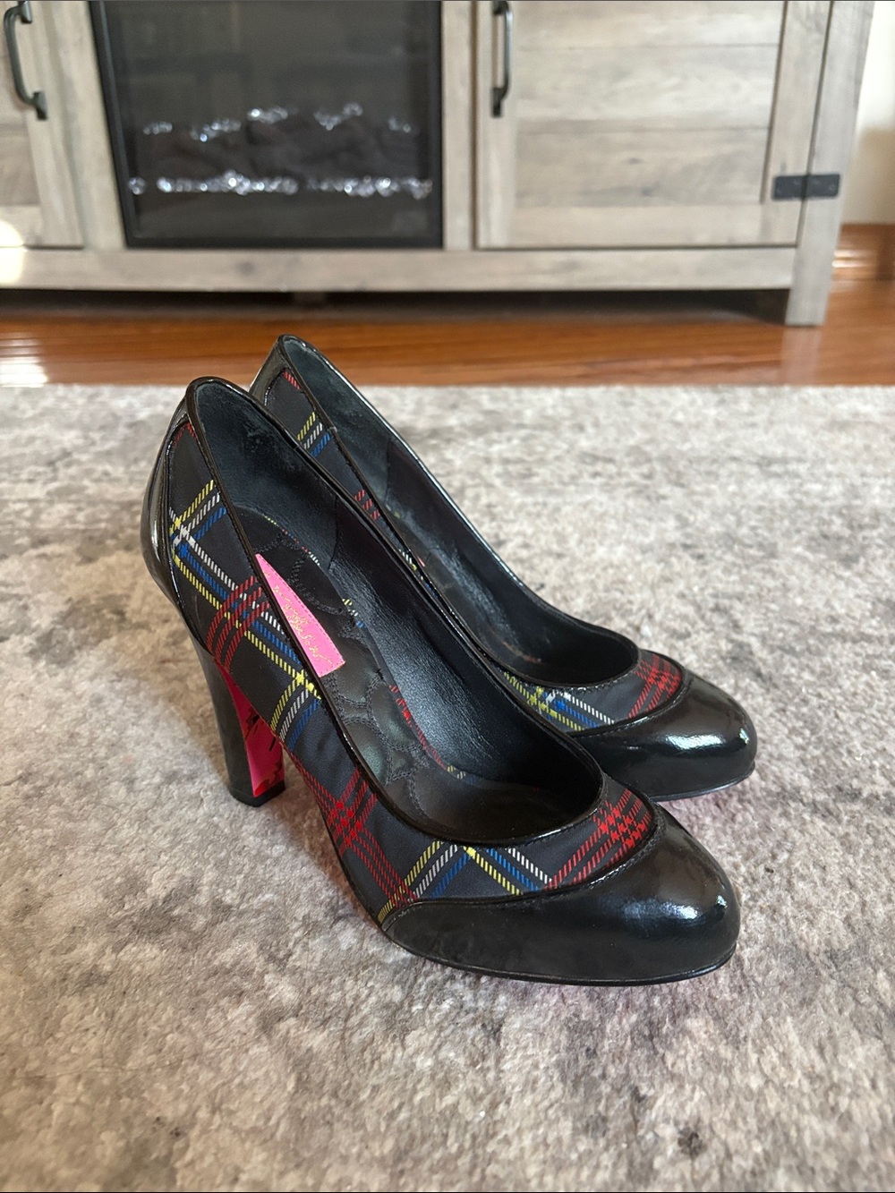 Betsey Johnson Black Plaid Pumps with Red Accents